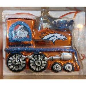 Topperscot NFL Denver Broncos Blown Glass Santa & Rudolph Train Ornament